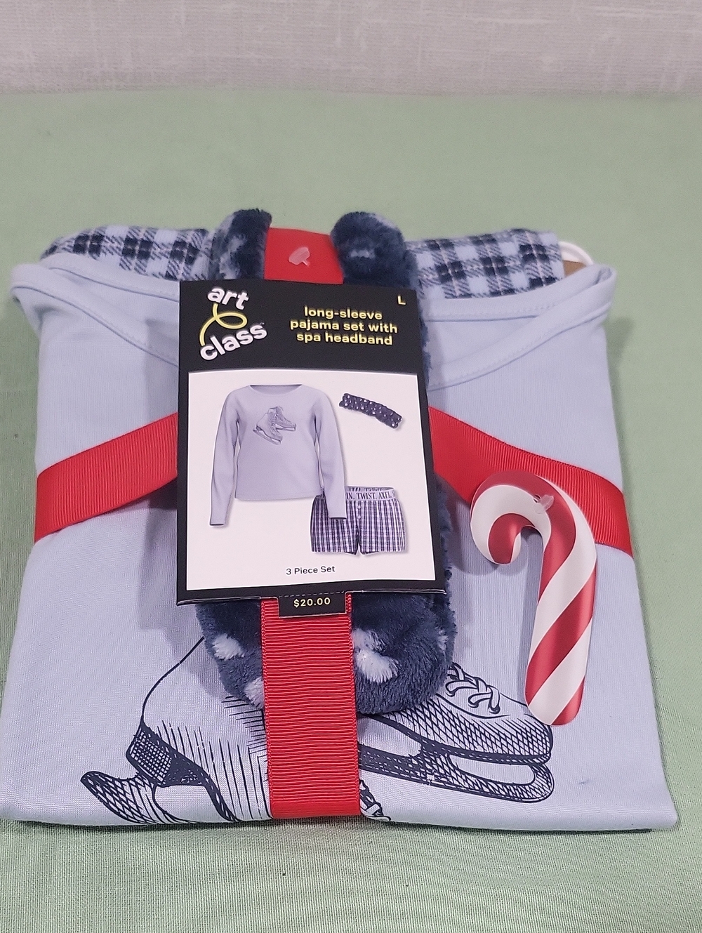 art class Light Blue Long-Sleeve Pajama Set with Plaid Shorts & Headband